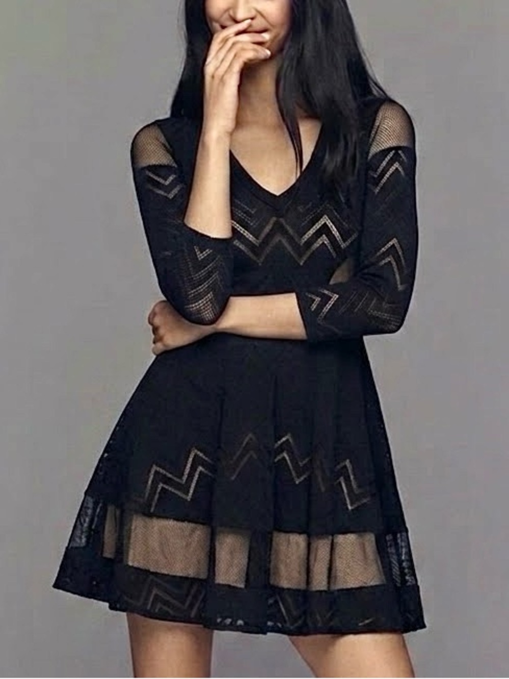 Tracy Reese Black Mesh Mix Stretch Fit & Flare Mini Dress Size P XS Nude Slip